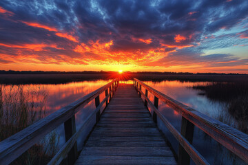 Fototapeta premium Wooden dock at sunset with vibrant orange and pink skies reflected on calm water, surrounded by silhouettes of distant trees and birds flying home.