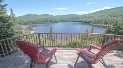 Two red chairs on a wooden deck overlooking a beautiful lake surrounded by green forest and mountains, perfect for relaxation and contemplation
