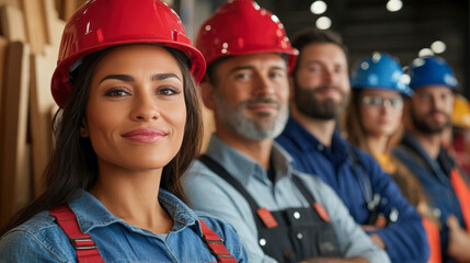 A diverse group of construction workers in hard hats, proudly posing in a warehouse setting.