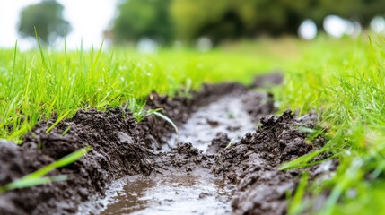 Wet Muddy Track Through Green Grass in Nature Setting