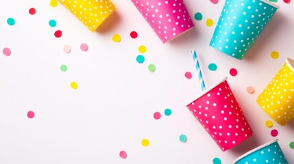 Obraz premium Colorful Party Cups and Confetti - Brightly colored polka dot paper cups scattered with confetti on a white background, perfect for party invitations or celebratory designs