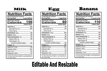 Naklejka premium Nutrition facts, milk nutrition facts, egg nutrition facts, banana nutrition facts, nutrition facts label.