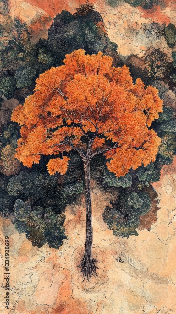 Poster unique top view of vivid orange tree and forest with complex texture and cracked soil background