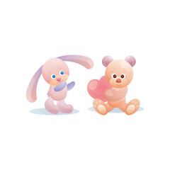 A teddy bear and a bunny stand