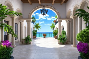Fototapeta premium Coastal Villa Courtyard - Serene courtyard with arched passageway opening to ocean view, lush plants, and elegant architecture