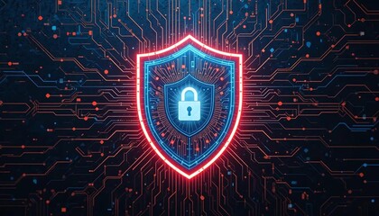Futuristic cybersecurity shield with a glowing blue digital interface representing data protection encryption and online safety in a high-tech digital environment