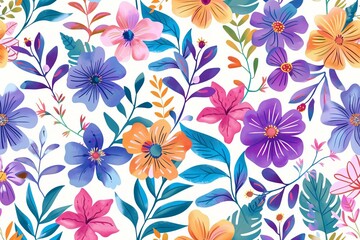 Vibrant and cheerful floral pattern featuring a multitude of colorful blossoms and foliage in a painterly design against a white backdrop
