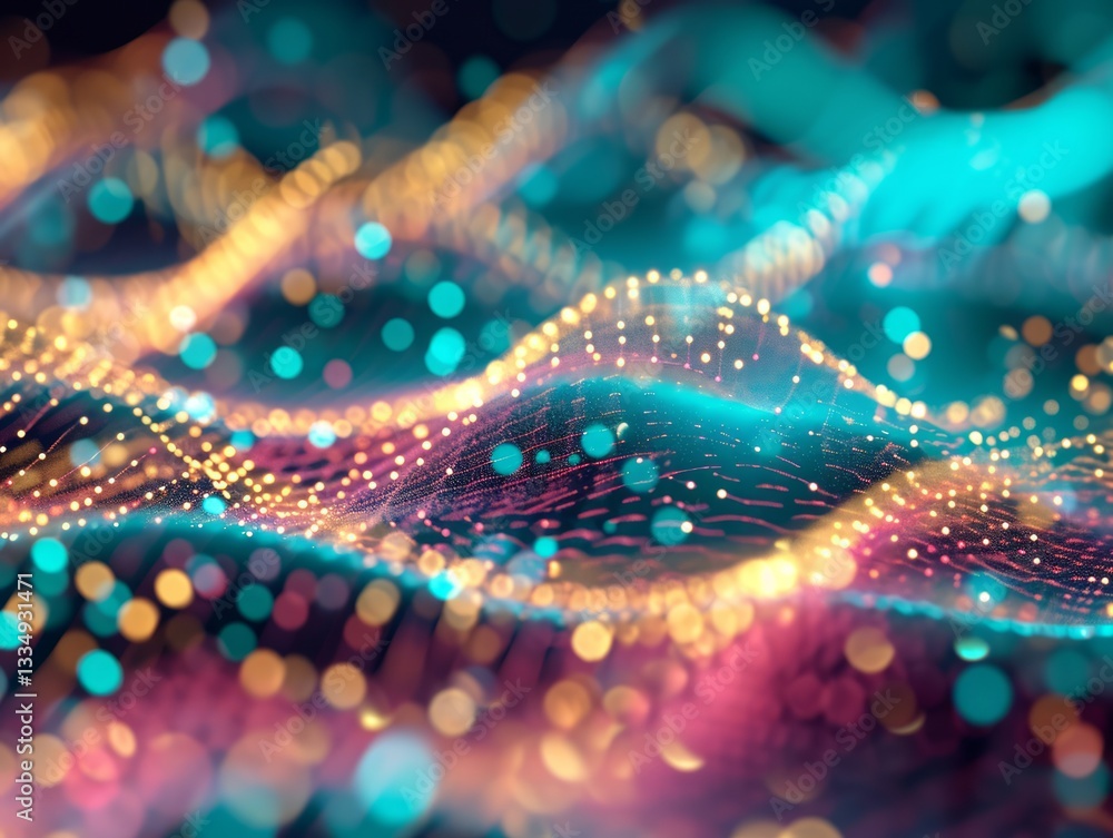 Poster vibrant and dynamic abstract background with flowing wavy lines made of light particles in teal, gol