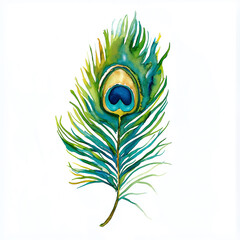 Obraz premium Watercolor illustration of a peacock feather, vibrant with shades of green, blue and gold, representing Lord Krishna on a solid white background