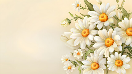 Fototapeta premium pale yellow gradient background with cluster of white daisies and green leaves, creating serene and cheerful atmosphere