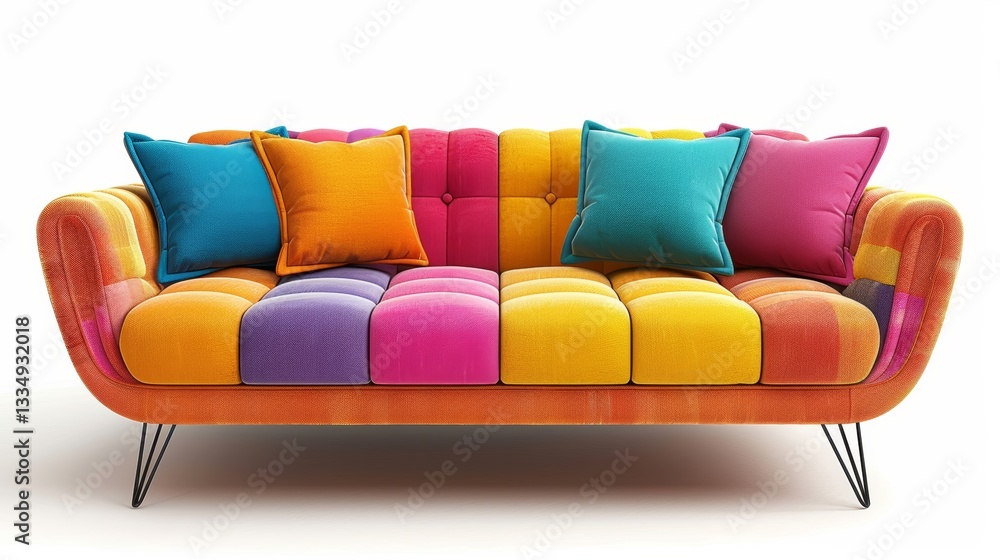 Aufkleber vibrant and inviting: a colorful sofa with matching pillows on a clean white background offering com