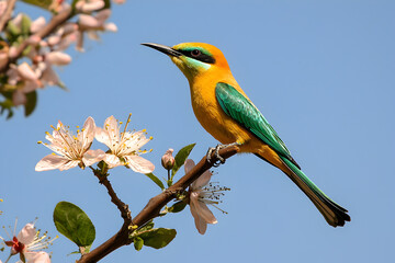 Obraz premium vibrant bird with green and yellow plumage perched on blooming branch under clear blue sky