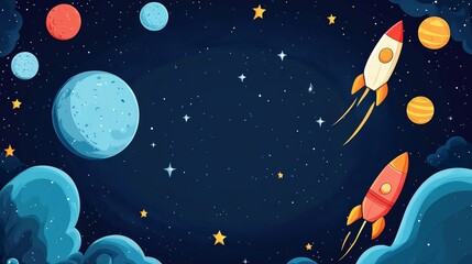 Fototapeta premium Vibrant and Playful Space Adventure Illustration Featuring Rockets Flying Past Colorful Planets and Twinkling Stars in a Cosmic Sky Scene