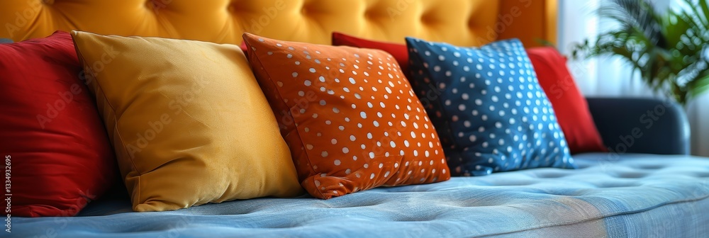 Poster vibrant array of decorative pillows on a plush sofa, infusing comfort and sophistication into interi