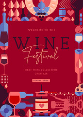 Modern banner, cover or poster with wine bottles and glasses. Restaurant menu design. Wine background. Vector illustration