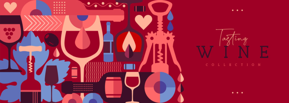 Modern banner or poster with wine bottles and glasses. Restaurant menu design. Wine background. Vector illustration