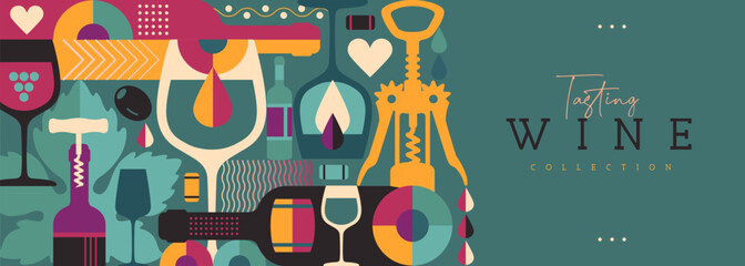 Modern banner or poster with wine bottles and glasses. Restaurant menu design. Wine background. Vector illustration © annbozhko