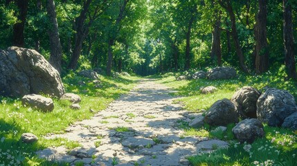 Tranquil Forest Pathway Surrounded by Lush Greenery and Natural Stone in Soft Sunlight