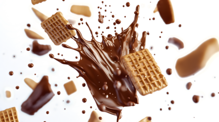 A chocolate and waffle explosion in the air. The chocolate is splattered all over the waffles and the waffles are flying through the air