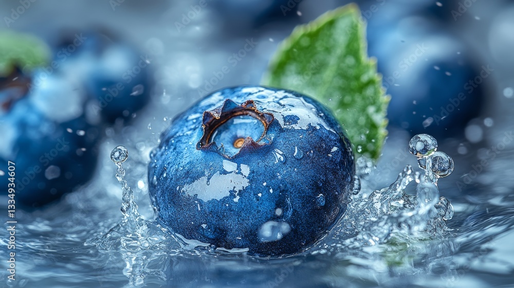 Poster vibrant close up of a single blueberry splashing into crystal clear water, creating dynamic ripples 