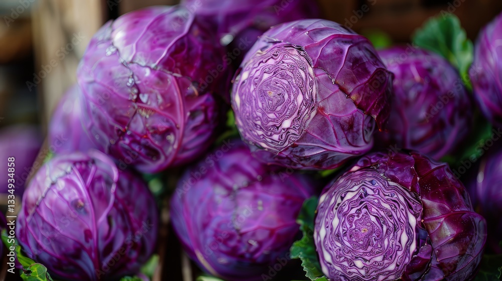 Poster vibrant close up of fresh red cabbage heads with beautiful textures and intricate patterns, stacked 