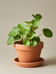 Fototapeta premium Pilea in a small terracotta pot with a simple saucer, creating a minimalist and stylish indoor plant display.