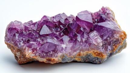 Vibrant cluster of amethyst crystals, showcasing translucent surfaces and geological formations on a white background, mineral specimen for gemology and esoteric practices