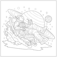 Fantasy astronaut sitting down on a chair with drink. Learning and education coloring page illustration for adult and children. Vector outline style, black and white drawing for various purposes.
