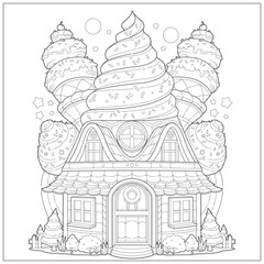 Fantasy cake and ice cream house, with ice cream on top. Learning and education coloring page illustration for adult and children. Vector outline style, black and white drawing for various purposes.
