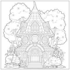 Fantasy house with tree, flower and plant behind it. Learning and education coloring page illustration for adult and children. Vector outline style, black and white drawing for various purposes.
