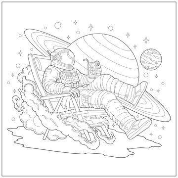 Fantasy astronaut sitting down on a chair with drink. Learning and education coloring page illustration for adult and children. Vector outline style, black and white drawing for various purposes.

