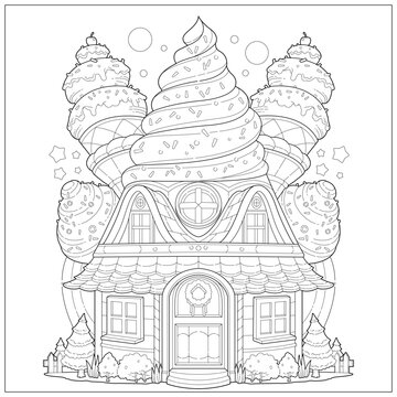 Fantasy cake and ice cream house, with ice cream on top. Learning and education coloring page illustration for adult and children. Vector outline style, black and white drawing for various purposes.
