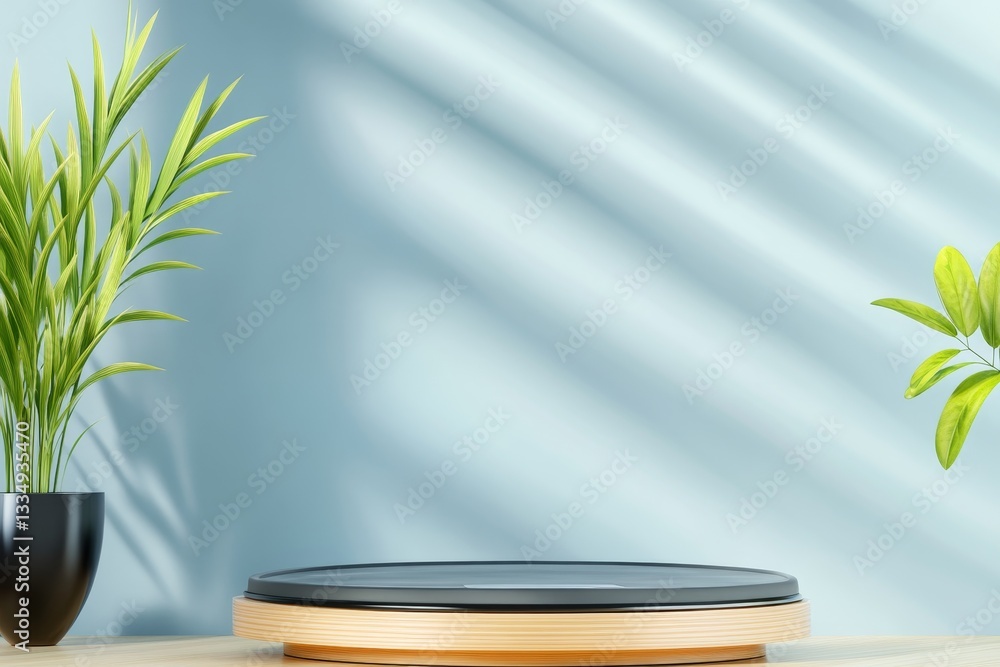 Poster elegant product display platform - a minimalist product display scene featuring a round wooden and b