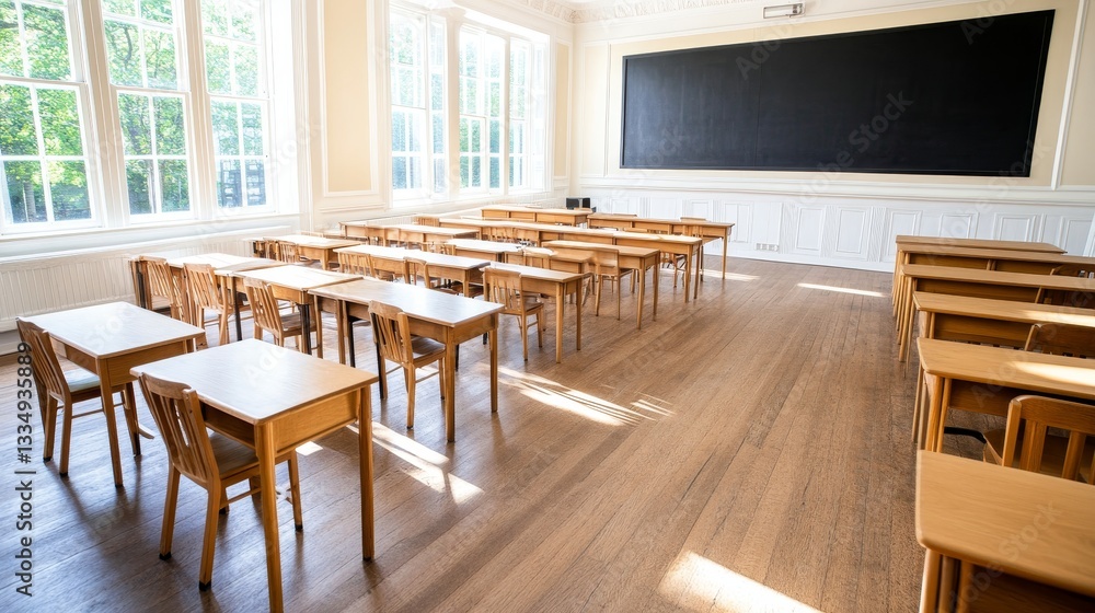 Poster empty classroom ready for students - a bright classroom with wooden desks and chairs arranged neatly