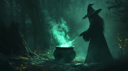 A witch stirring a bubbling cauldron in a dark mysterious room