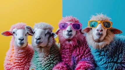 Fototapeta premium Vibrant Flock of Sheep with a Fashionable Twist: Colorful Wool and Stylish Sunglasses Against a Bright Background, Expressive and Fun
