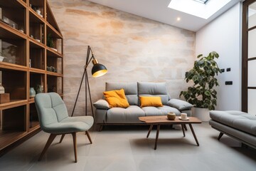 Living Room. Modern Illuminated Living Room Interior, Sleek and Stylish Design with Contemporary Furnishings and Bright Lighting, Home Decor Concept with Copy Space. Real Estate Concept. Hotel Concept