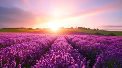 Fototapeta premium Vibrant lavender field at sunrise, colorful blooming plants stretching across the landscape, serene and peaceful atmosphere, ideal for tranquil backgrounds.