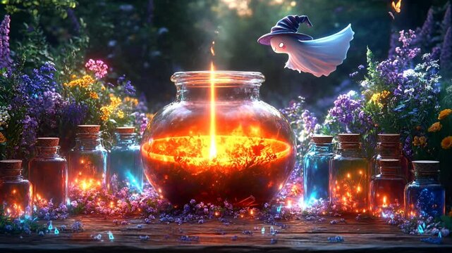 Magical glowing potion surrounded by mystical garden. Fantasy concept