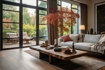 Living Room. Modern Illuminated Living Room Interior, Sleek and Stylish Design with Contemporary Furnishings and Bright Lighting, Home Decor Concept with Copy Space. Real Estate Concept. Hotel Concept