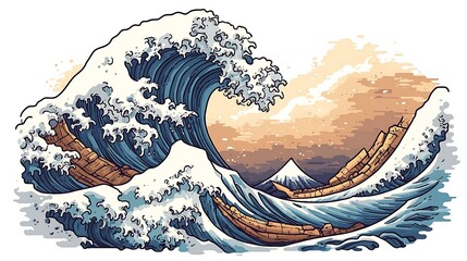 Stylized wave illustration, ocean, mountain, sunrise.