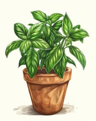 Obraz premium Vibrant green basil plant flourishing in a terracotta pot, presented against a clean, neutral backdrop in illustration form.