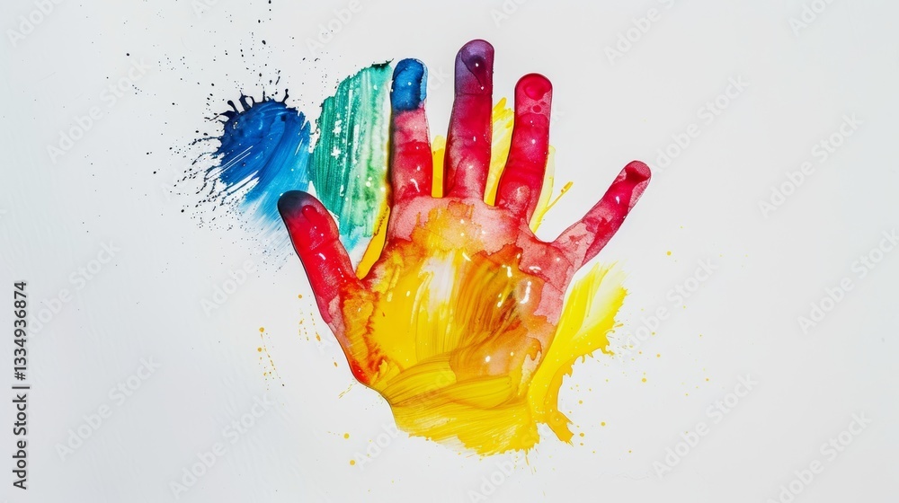 Poster vibrant handprint artwork with a spectrum of colors splashing and blending across a clean white surf
