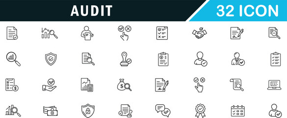 Audit outline editable icon set. documentation, auditor, checkmark and more.
