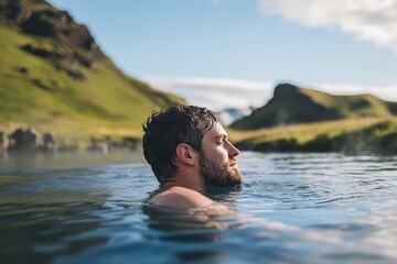 Fototapeta premium A man enjoys a soak in the hot springs of Reykjadalur Iceland surrounded by stunning nature