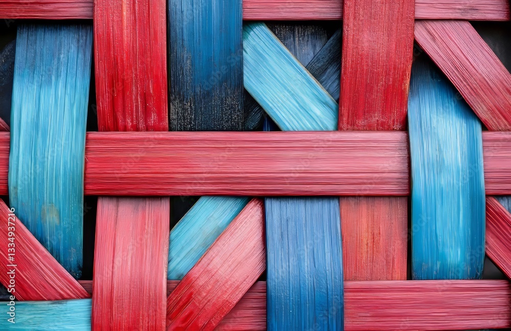 Poster vibrant interwoven wooden planks create a captivating texture with a spectrum of blues and reds in a