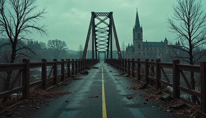 Fototapeta premium Abandoned bridge in post-apocalyptic landscape, haunting beauty