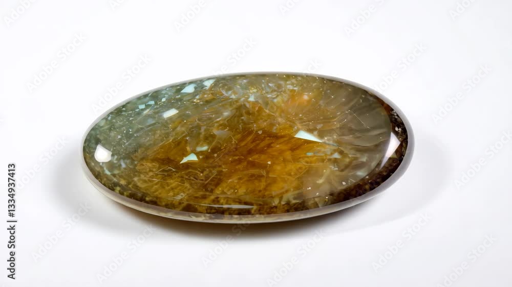 Poster a polished oval persian agate gemstone with a mix of golden and green hues, featuring a smooth surfa