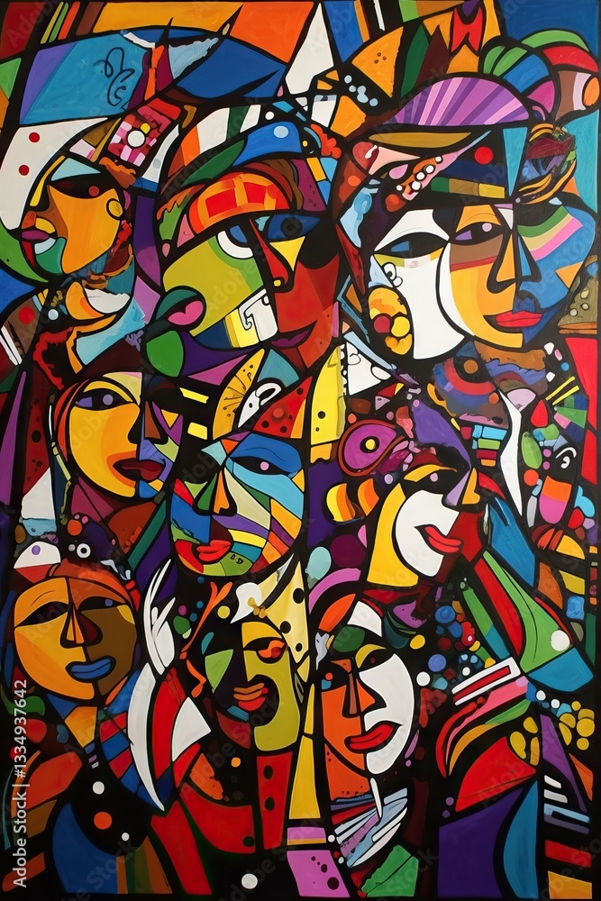 Poster vibrant mosaic of human forms and geometric shapes in a captivating composition of abstraction, with