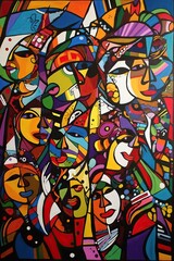 Vibrant mosaic of human forms and geometric shapes in a captivating composition of abstraction, with bold colors and cubist influences, it is a visual feast.